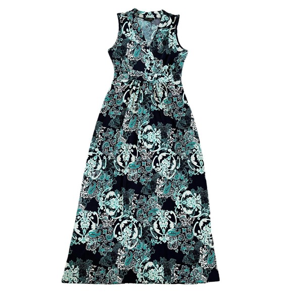 Susan Lawrence Dresses & Skirts - Susan Lawrence Navy Blue Slinky Green Paisley Print Stretchy Maxi Dress Sz Small